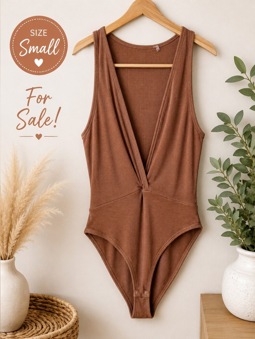 Brown Sleeveless V-Neck Bodysuit